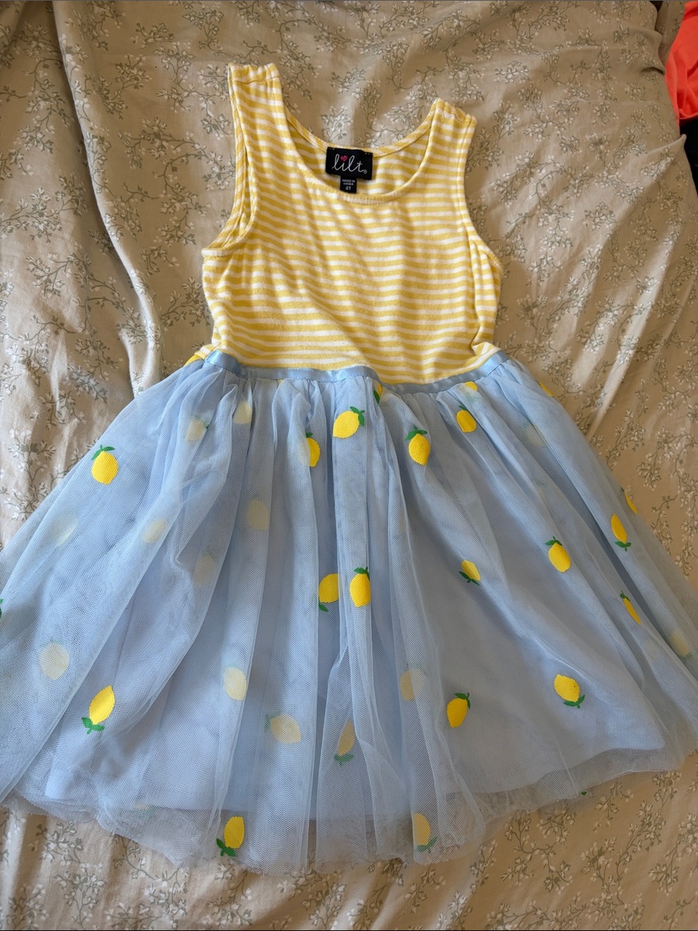 lilt Yellow Striped Top with Light Blue Lemon Tulle Skirt Dress